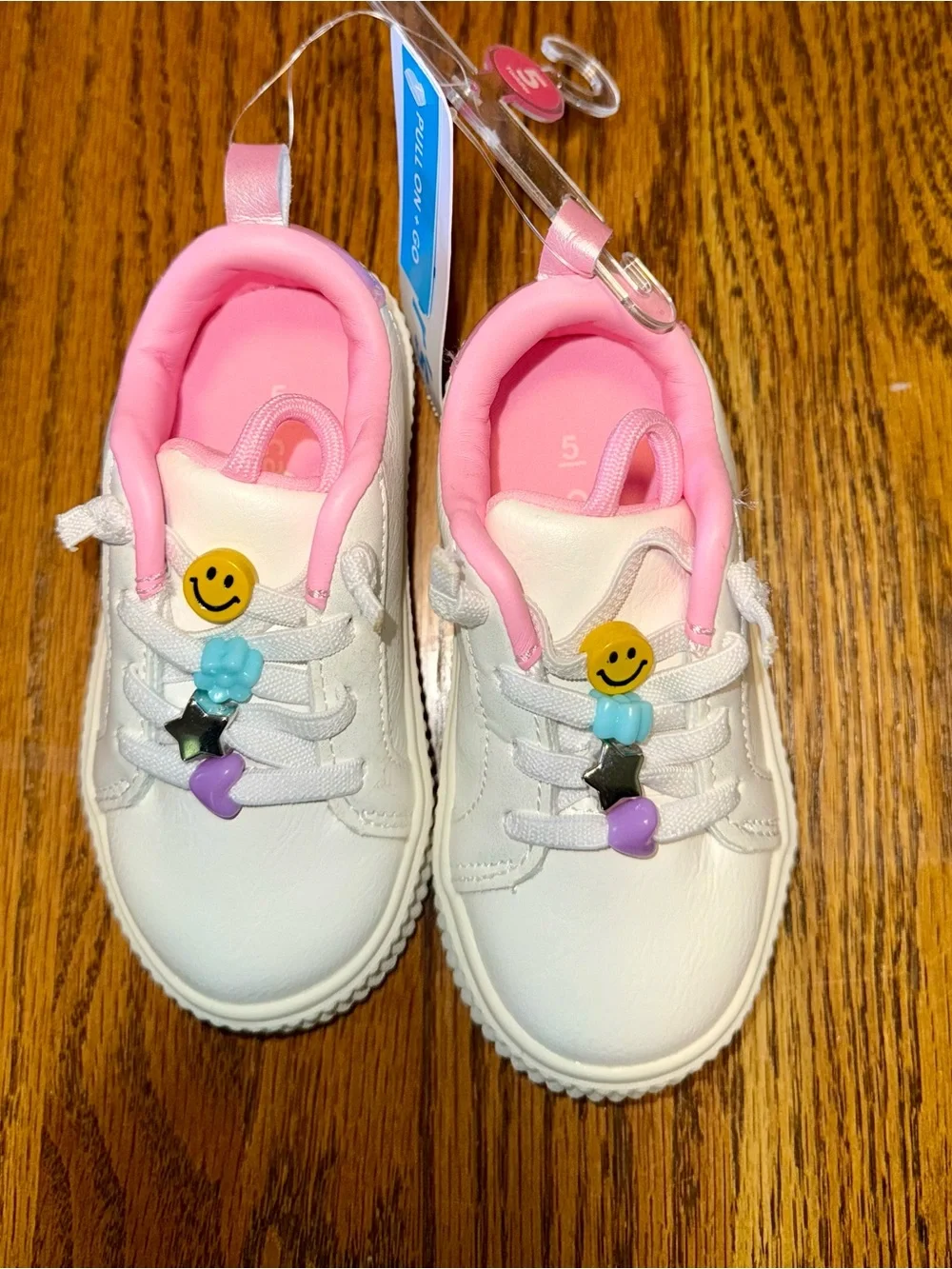 Carter's NWT size 5-  White Sneakers with Pink Interior and Smiley Bead Accents